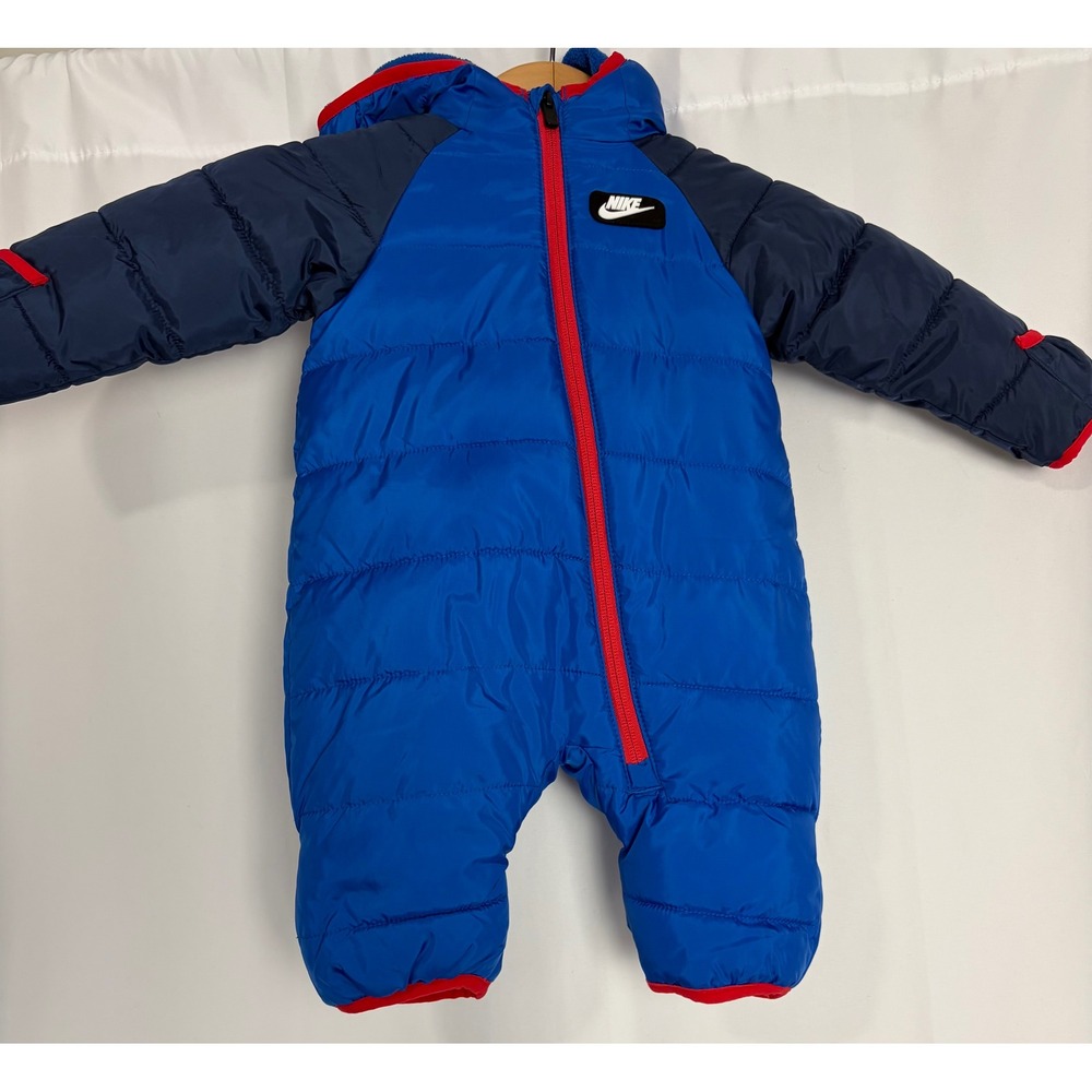 Nike Baby Boys Blue Hooded Bunting Puffer Snowsuit 3M Fleece Lined Navy Red